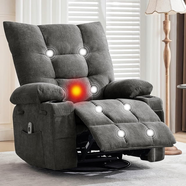 270 Degree Swivel Rocker Recliner Chair, with Heat and Massage, Two Cup Holders, Oversized Single Sofa Seat