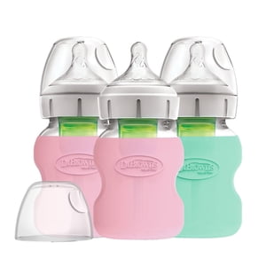 Dr. Brown's Options+ Bouteilles pour bébé en verre à large col anti-colique avec manches en silicone - Rose et vert menthe