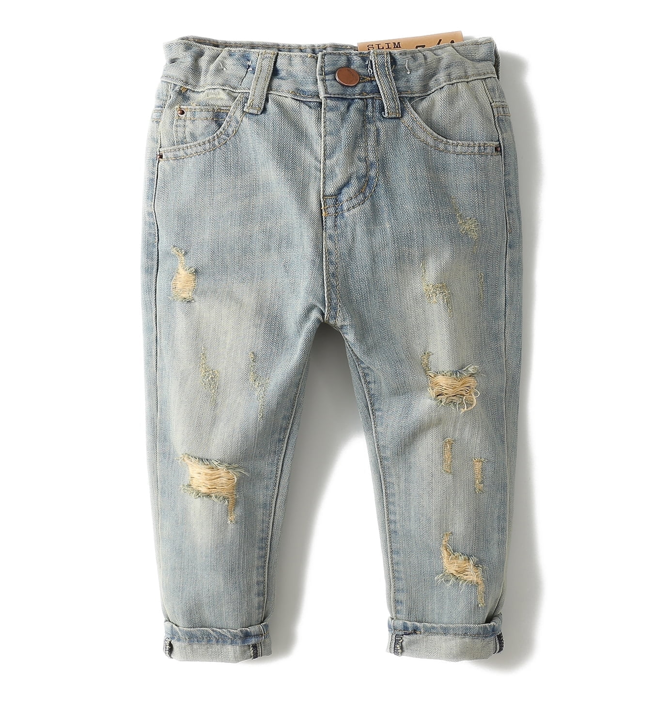 KIDSCOOL SPACE Baby Girl Boy Elastic Band Inside Ripped Denim Pants,3-4 Years
