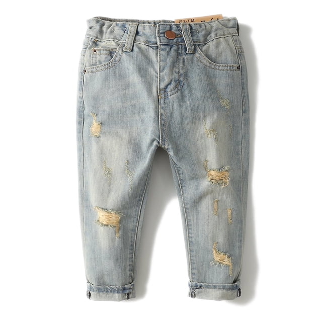 KIDSCOOL SPACE Baby Girl Boy Elastic Band Inside Ripped Denim Pants for 3-4 years. Light blue stone-washed denim with distressed details and ripped holes for a trendy look. Features an adjustable elastic waistband with a D-ring closure and a relaxed straight fit. Designed for comfort and everyday wear.