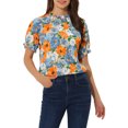thumbnail image 1 of INSPIRE CHIC Women's Blouse Floral Ruffled Short Sleeve Ruffle Neck Casual Blouses XS Blue Orange, 1 of 6