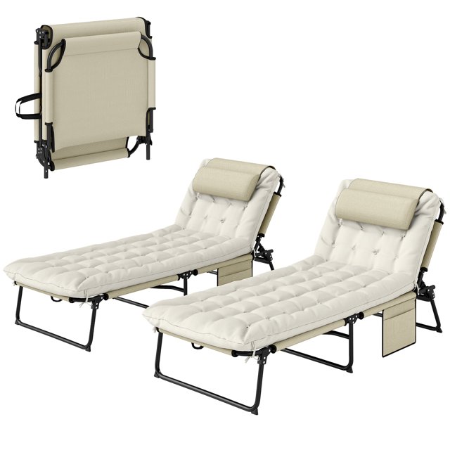 Outsunny 2 Pcs Chaises Longues Pliantes, Chaises Inclinables pour Bronzage, Beige