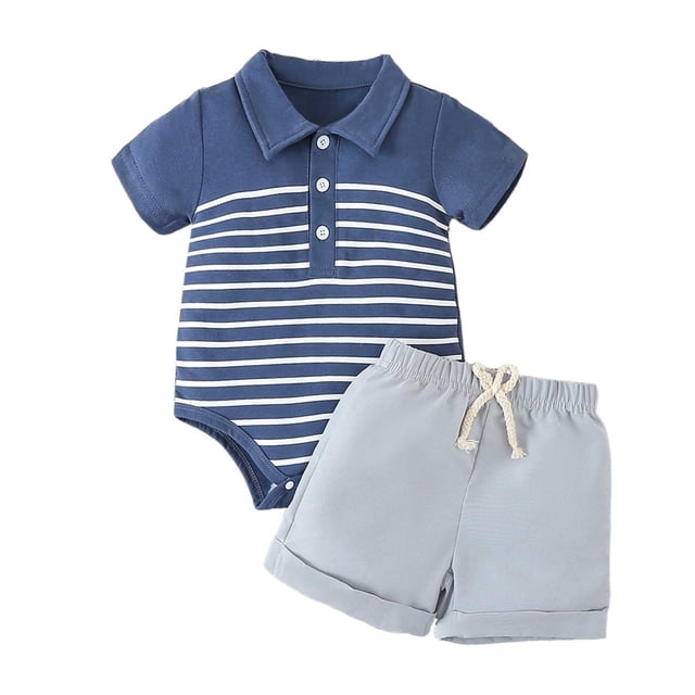 dmqupv Baby Rompers Boys Boys Summer New Comfortable And Breathable Bodysuits with Simple Pattern in blue, size for 6-9 months. The romper features a short-sleeve design with a collared neckline, button closure, and white horizontal stripes on a blue background. Paired with light blue shorts featuring an elastic waistband and drawstring for an adjustable fit. Made from a soft cotton blend, ideal for summer wear and gentle on baby skin.