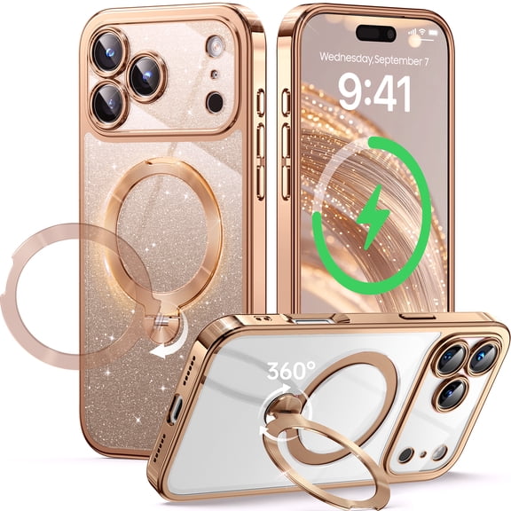 DOMAVER for iPhone 17 Pro Case with 360 Spin Stand [DIY Glitter Cardstock] [Fit for MagSafe] [16FT Military Protection] Polished for iPhone 17 Pro Case with Stand 6.3'', Orange