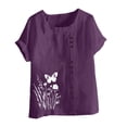 thumbnail image 4 of Pisexur Hauts pour Femmes Décontractés en Lin Col Rond Grande Taille Imprimé Manches Courtes T-shirt Blouse, Hauts d'Été pour Femmes Violet, TG, 4 of 5