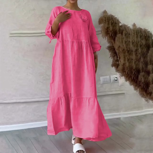 Gspmoly Robe d'Été, Robe Décontractée pour Femmes de Printemps et d'Été à Col en V, Unie et en Lin, avec Poches, à Manches Longues, Robes d'Été pour Femmes Offres Prime