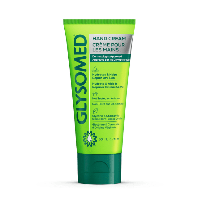 Glysomed® Crème pour les Mains 50 ml Parfum Régulier en tube Vert avec Bouchon Rabattable Vert Foncé, avec Texte Bilingue Indiquant l'Approbation des Dermatologues, Hydratation et Réparation pour Peau Sèche avec Glycérine d'Origine Végétale et Camomille, et certification Sans Cruauté, Conçue pour Hydrater et Apaiser les Mains Rugueuses en Soins Personnels.