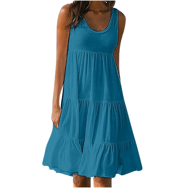 zanvin Robe T-Shirt Ample Évasée pour Femme, Décontractée, Col Rond, Sans Manches, Fluide, Unie, Robes d'Été Bleues, Taille M. Cette Robe à Coupe Décontractée Présente un design Sans Manches avec une silhouette Fluide à Étages, Idéale pour les occasions Décontractées, les Vacances Ou la Détente. Fabriquée en Tissu Doux et Confortable, Elle Convient aux Tenues d'Été.