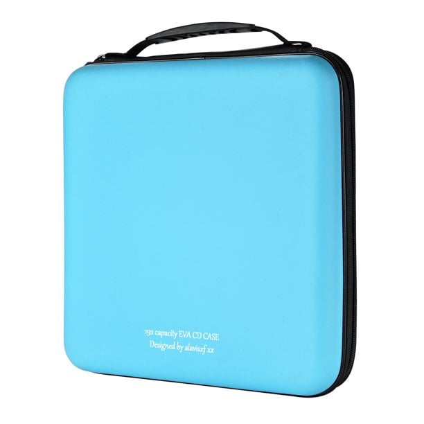 CD Case, 192 Capacity EVA DVD Case Skyblue Portable Zipper Holder Disc Storage Organizer Wallet. The case is made of durable EVA material with a smooth sky blue exterior and a black zipper closure. It features a sturdy handle for portability and can store up to 192 discs. Designed to protect CDs and DVDs from dust, scratches, and moisture, it is compact and measures 12.5x11x3.1 inches (32x28x7.8 cm).