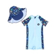 thumbnail image 1 of Sunnyoo Toddler Boys' One-Piece Swimsuit Short Sleeve Quick Dry UPF50+ Rash Guard Bathing Suit with Hat, 1 of 3