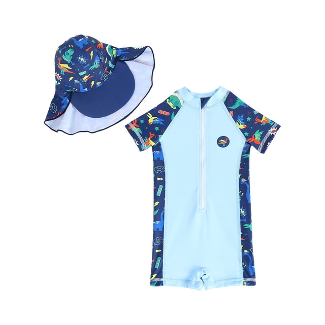 Sunnyoo Toddler Boys' One-Piece Swimsuit Short Sleeve Quick Dry UPF50+ Rash Guard Bathing Suit with Hat