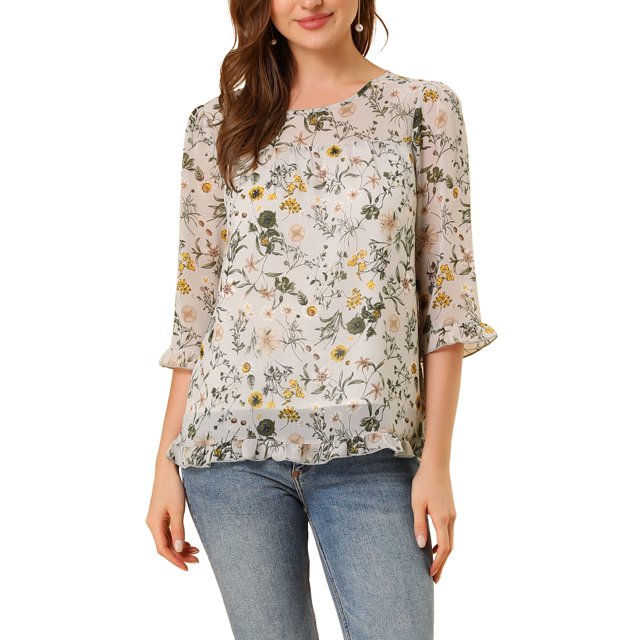 INSPIRE CHIC Women's Tops 3/4 Sleeves Ruffle Hem Floral Chiffon Shirt Blouses S Beige
