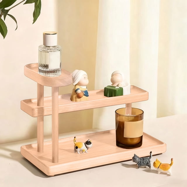Amzcrzy Wooden Storage Rack Living Room Decor Wooden Multi-Tier Storage Display Rack Desktop Decorative Storage Stand Solid Wood Cup Holders Tea Set Storage Rack Perfume Display Stand