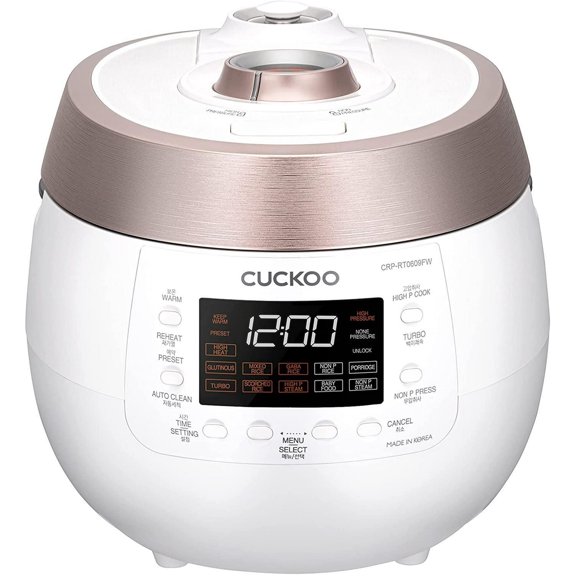 Reconditionné Cuckoo CRP-RT0609FW Cuiseur à Riz à Double Pression 6 Tasses avec Plateau Vapeur, 14 Modes : Riz Blanc, Riz GABA, Vapeur, Gruau, Riz Brûlé et Plus