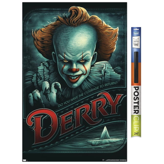 IT - Pennywise Derry Affiche Murale, 14,725 Pouces x 22,375 Pouces Mettant en Vedette une illustration Encadrée de Pennywise aux Cheveux orange et aux Mains Griffées sur un Fond à Texture Foncée. l'Affiche Comprend la phrase « Avez-Vous le courage de Revenir? » au-Dessus du Texte Audacieux Rouge « Derry » et un Bateau en Papier Étiqueté « SS George » Flottant sur l'Eau, Idéal pour la Déco de la Maison Ou des Événements à Thème