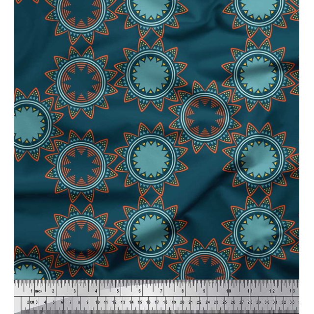 Soimoi Blue Poly Georgette Fabric Sun Mandala Print Sewing Fabric Yard 42 Inch Wide