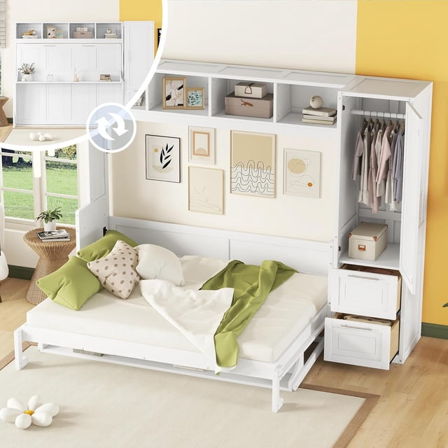 Lit Escamotable de Format Grand avec Rangement Mural, Garde-Robe et Tiroirs, Tablette Supérieure Intégrée, Lit Escamotable Dissimulé dans une Garde-Robe, Conception Gain de Place, Blanc