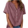 thumbnail image 1 of Floleo T-Shirt à Manches Courtes pour Femmes, Style Lin, Col en V, Boutons devant, Demi-Ouverture, Haut Vintage Classique, Respirant, Confortable, Extensible, Tissu Fin, Printemps Été Automne, Tenue Quotidienne (Purple#2,L), 1 of 8