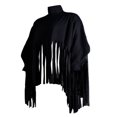 thumbnail image 4 of Womens Turtleneck Fringe Tops Solid Color Batwing Sleeve Plus Size Poncho Oversized Tassel Sweatshirt, 4 of 6