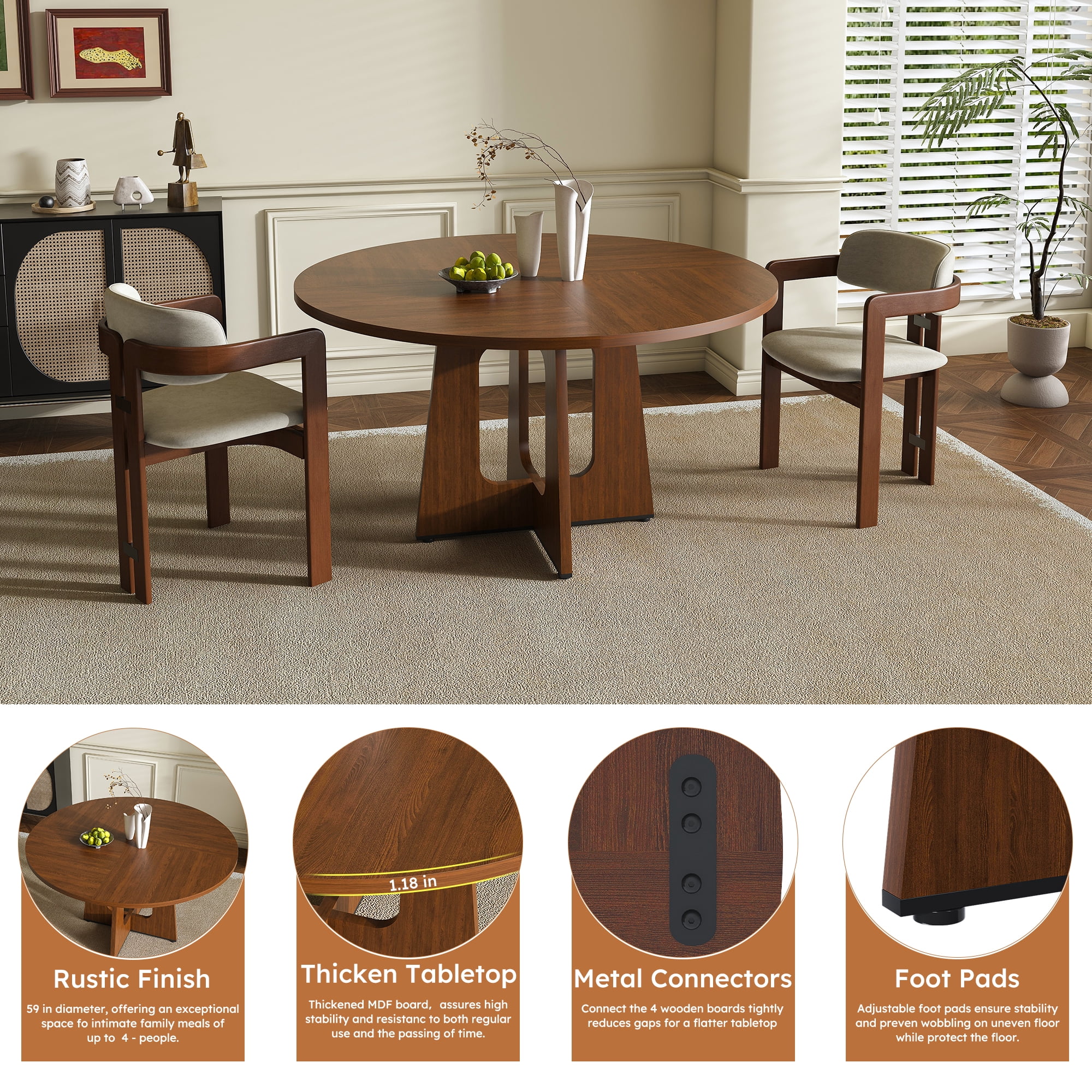 Noble House 47" Round Dining Table for 4,Farmhouse MDF Circle Table with Wood Grain Finish,Walnut