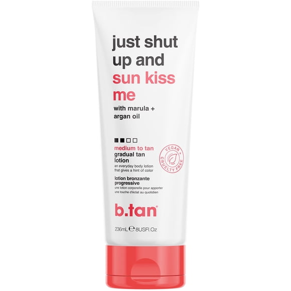 b.tan Daily Moisturizing & Ultra Hydrating Self Tanning Lotion | Just Shut Up and Sunkiss Me Everyday Glow Lotion - Develop a Medium to Tan Bronzed Glow, Infused With Marula + Argan Oil, 8 Fl Oz