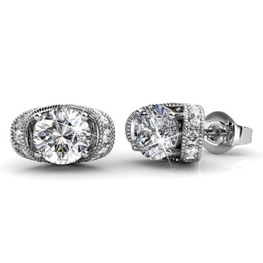 Cate & Chloe Astrid 18k White Gold Earrings with Crystals, Halo Stud Earring Post Set, Round Cut Solitaire Earrings for Women, Ladies