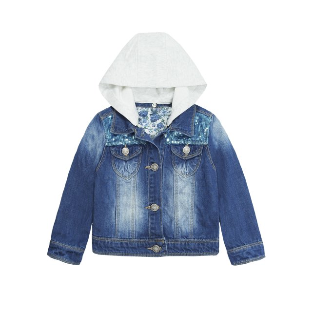 KIDSCOOL SPACE Little Girl White Detachable Hood Flower Embroidered Jean Jacket,White Cap,13-14 Years