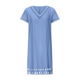thumbnail image 3 of Robes pour Femmes 2024 Été Oversize Coton Coton Lin Couleur Unie à Empiècements Dentelle Hydrosoluble Robe à Manches Courtes Col en V Longueur Genou Robe Rabais de 50 % Liquidation!, 3 of 5