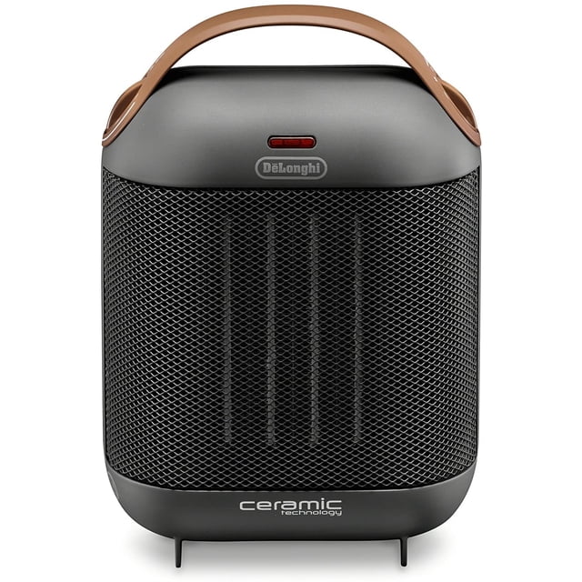DeLonghi Capsule Chauffage en Céramique Gris avec une Forme Rectangulaire Compacte, grille avant en Maille Noire, Poignée de Transport Ergonomique Brune et logo DeLonghi au-Dessus d'Un Voyant Rouge, Offrant un Chauffage en Céramique portable de 1500 W, Idéal pour les Petits Espaces et le Confort Personnel.
