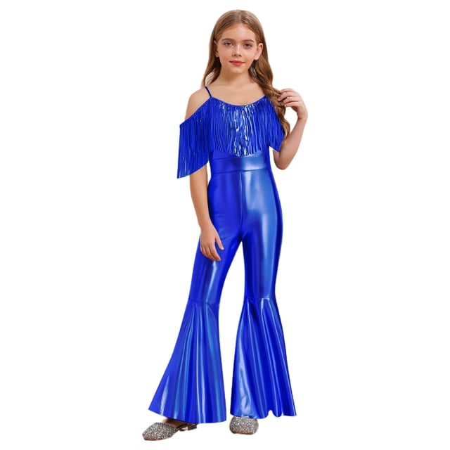 vastwit Combinaison Short à Paillettes Scintillantes à Franges pour Filles, Bretelles Spaghetti, Sans Manches, Évasée, Combinaison, Robe de Demoiselle d'Honneur pour Fête, Bleu Royal, 14