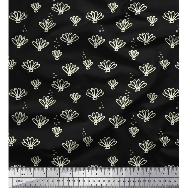 Soimoi Black Poly Georgette Fabric Coral Ocean Print Fabric by Yard 42 Inch Wide