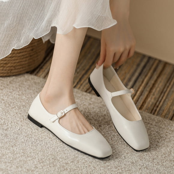 Commforr Women's Shoes Dress Shoes for Women Mary Jane Shoes for Women Women's Flats Women's Mary Jane Flats Closed Square Toe Ballet Flat Dressy Comfortable Slip on Shoes White 9.5