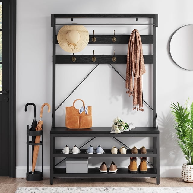 Bingirl Coat Rack Shoe Bench Industrial Hall Tree Storage Bench for Entryway with 8 Hooks, Grey 39.9inchx15.7inchx72inch. This multifunctional hall tree features a sturdy metal frame and high-density MDF board construction, offering a combination of a coat rack, shoe bench, and storage shelves. The design includes 8 double hooks for hanging items, three spacious shelves for shoes or decorative items, and a bench seat that supports up to 300 lbs. The rustic grey finish and industrial style make it suitable for entryways, hallways, or mudrooms. The compact 5-in-1 design maximizes vertical space while keeping your home organized.