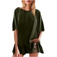 thumbnail image 1 of AherBiu Womens Summer Tops Casual Short Sleeve Drop Shoulder Crewneck Comfy T Shirts Loose Ruffle Patchwork Tops, 1 of 7