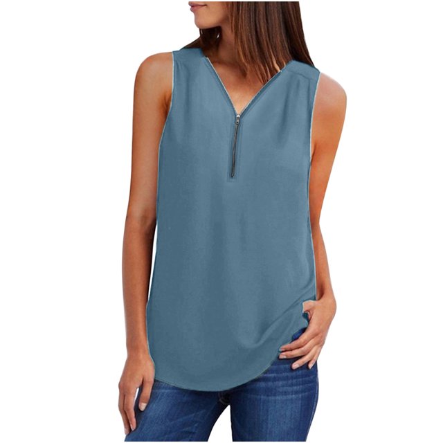 Cameland Camisoles d'Été Sans Manches pour Femmes à Fermeture Éclair, Tunique Décontractée à Col en V, Blouse à Manches Roulables