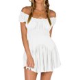 thumbnail image 1 of Honganda Women Summer Short Dress, Solid Color Ruched Bust Boat Neck Off Shoulder Puff Sleeve A-Line One Piece, 1 of 9
