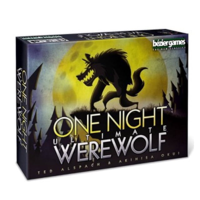 Bezier Board Game One Night Ultimate Werewolf Noir, a strategy-based party game for 3 to 10 players aged 8 and up. The box features a dark, eerie design with a silhouette of a werewolf against a full moon and forest backdrop. Players take on unique roles such as Werewolf, Seer, or Troublemaker, each with special abilities, and have 5 minutes to deduce the Werewolf after a secret night phase. Compact box dimensions of 17.50 x 13 x 4 cm make it easy to store.
