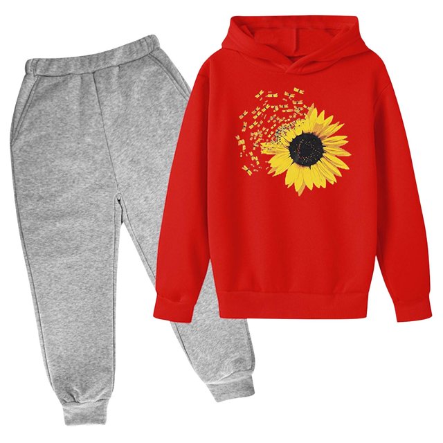 RXIRUCGD Mode Filles et Garçons Enfants Décontracté Manches Longues Imprimé Tournesol Hauts Ensemble à Capuche Manches Longues (Rouge, Taille : 13 Ans)