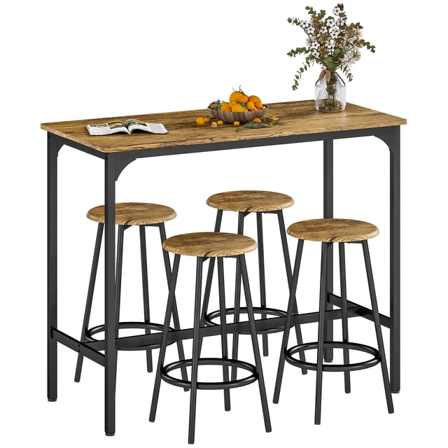 HOMCOM 5-Piece Bar Table and Chairs Set for Dining Room, Rustic Brown