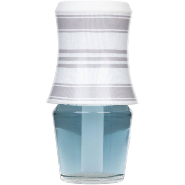 ScentSationals Fragrance Oil Diffuser Marlin with a grey and white striped fabric shade and clear glass base containing blue fragrance oil, designed for continuous indoor aromatherapy scent diffusion.
