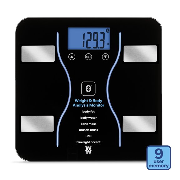 Weightwatchers Bluetooth Body Analysis Scale, High‑visibility LCD, Black, 1 Pk