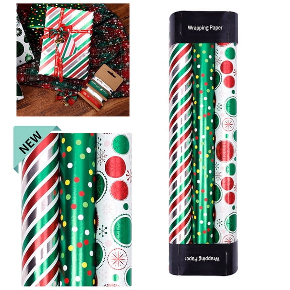 Dvkptbk 3 Rolls Assorted Christmas Wrapping Paper, 17x118In 3 Styles Christmas Gift Wrapping Paper Rolls for Festive Holiday Family Gathering DIY Crafts Xmas Presents Party Favors Supplies