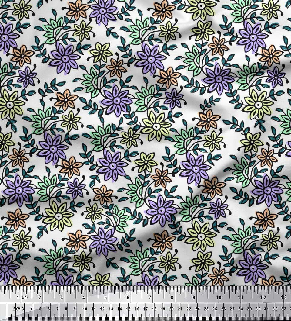 Soimoi Rayon Crepe Fabric Leaves & Floral Block Print Fabric by Yard 46 Inch Wide