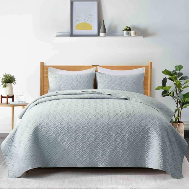 Peace Nest Premium Damask Pattern Reversible Coverlet Set 100% Soft Microfiber Fabric, Light Grey, Twin Size