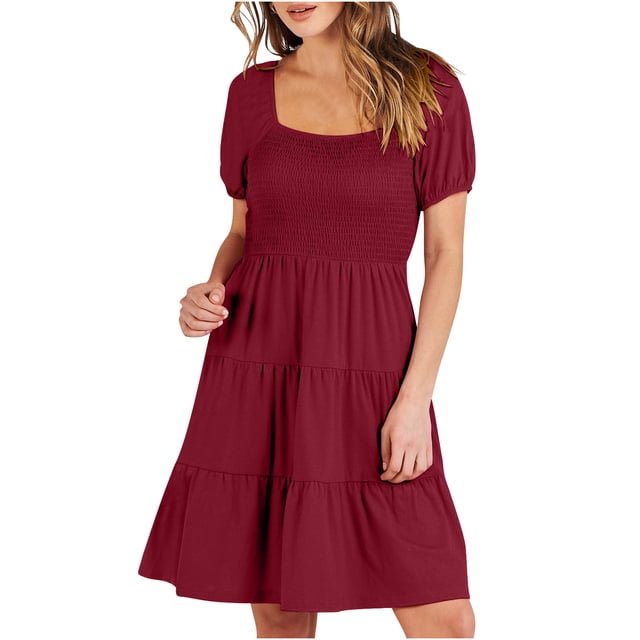 AherBiu Robe Bohème pour Femmes à Manches Courtes, Col Carré Smocké, à Volants Superposés, Fluide, d'Été, de Plage
