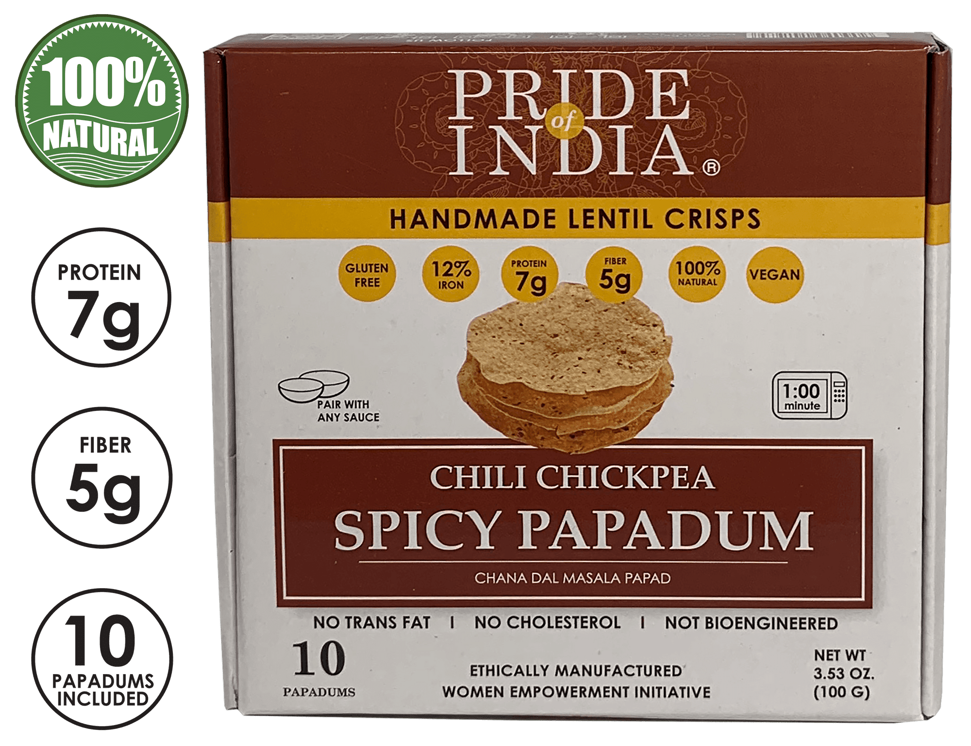 Pride Of India - Spicy Chickpea Masala Papadum Lentil Crisp, 10 count (3.53oz - 100gm) - Microwaveable Instant Chips, Gluten-Free Vegan Crackers, Healthy Protein, Fiber & Iron Rich Snacks
