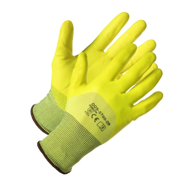 Workload Nitrile Work Glove pair featuring bright yellow 3/4 nitrile coating on palms and fingers with a seamless green nylon interlock liner cuff trimmed in brown, ventilated back for breathability, designed for ergonomic fit, flexibility, and durability in light to medium duty tasks such as automotive assembly and handling oily small parts.