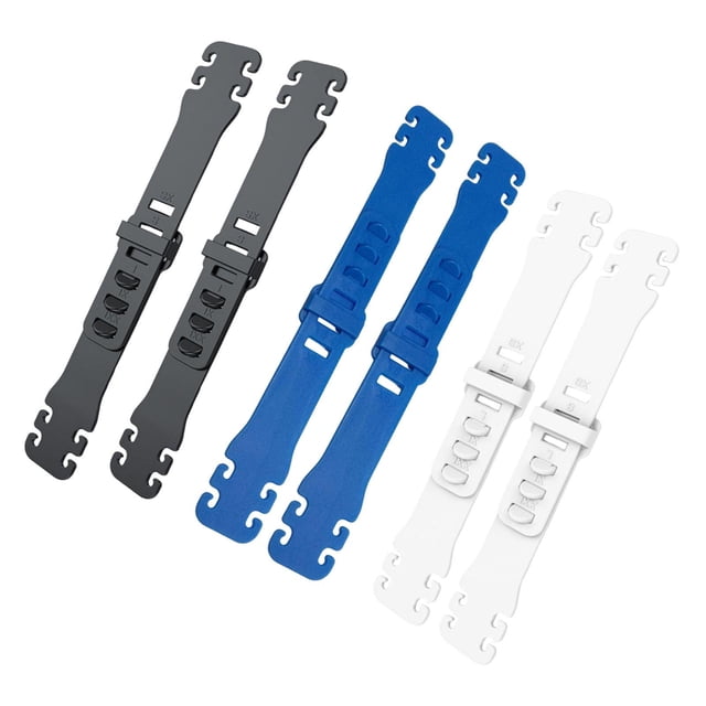 Extender hooks, ear saver grips made of durable polyethylene, shown in black, blue, and white colors. Features anti-slip adjustable gears for relieving ear pressure and discomfort during prolonged wear. Suitable as a body accessory for jewellery and includes six lightweight, portable pieces.