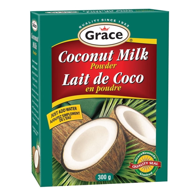 Grace Coconut Milk Powder 300g box with green and red packaging showing two halved coconuts on palm leaves, labeled 'Just add water' and GraceKennedy quality seal, ideal for making creamy coconut milk for cooking, smoothies, and desserts.