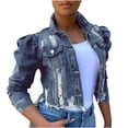 thumbnail image 1 of CEHVOM Veste en Denim pour Femmes, Courte, à Revers, Effilochée, à Boutons, à Manches Bouffantes, Coupe Ajustée, 1 of 8